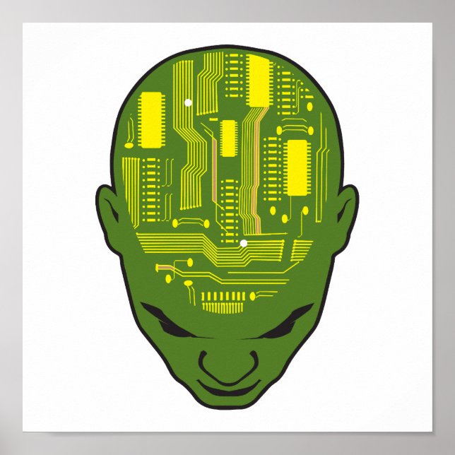 circuit board brain head yellow and green poster (Front)