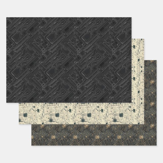 Circuit Board Computer Pattern Black Gold White Wrapping Paper Sheet (Set)