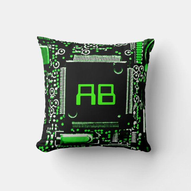 Circuit Green 2 monogram throw pillow square (Front)