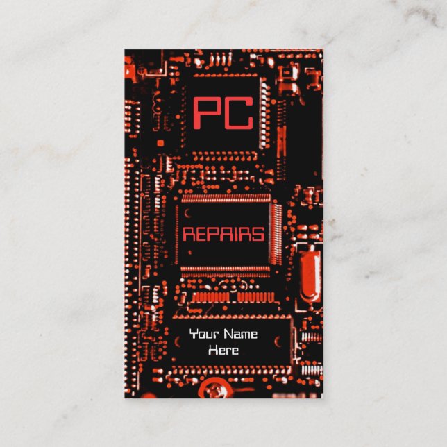 Circuit Red 'PC repairs' business card white (Front)