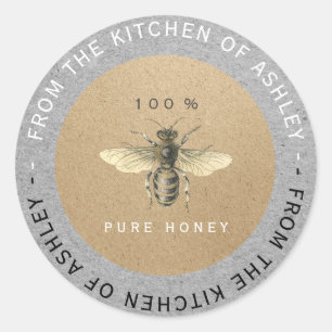 Circular 100%Homemade Honey Kitchen Kraft Bee Grey Classic Round Sticker