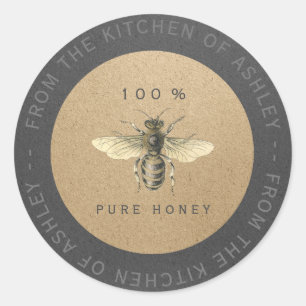 Circular 100%Homemade Honey Kitchen Kraft Bee Grey Classic Round Sticker