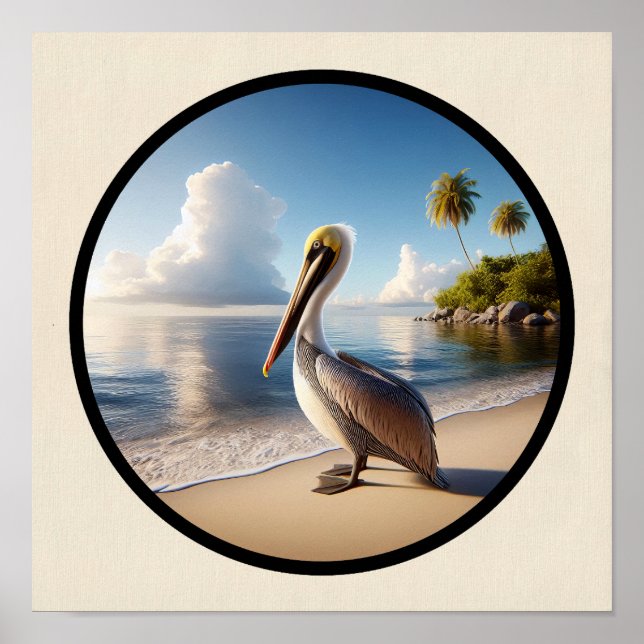 Circular 3D Image of a Beautiful Brown Pelican Poster (Front)