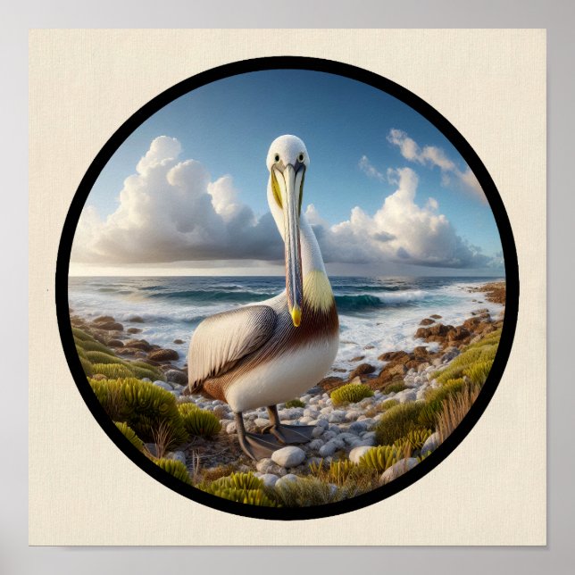 Circular 3D Image of a Beautiful Brown Pelican Poster (Front)