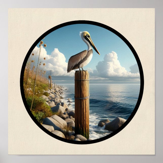 Circular 3D Image of a Beautiful Brown Pelican Poster (Front)