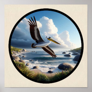 Circular 3D Image of a Beautiful Brown Pelican Poster