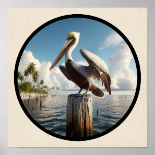 Circular 3D Image of a Beautiful Brown Pelican Poster