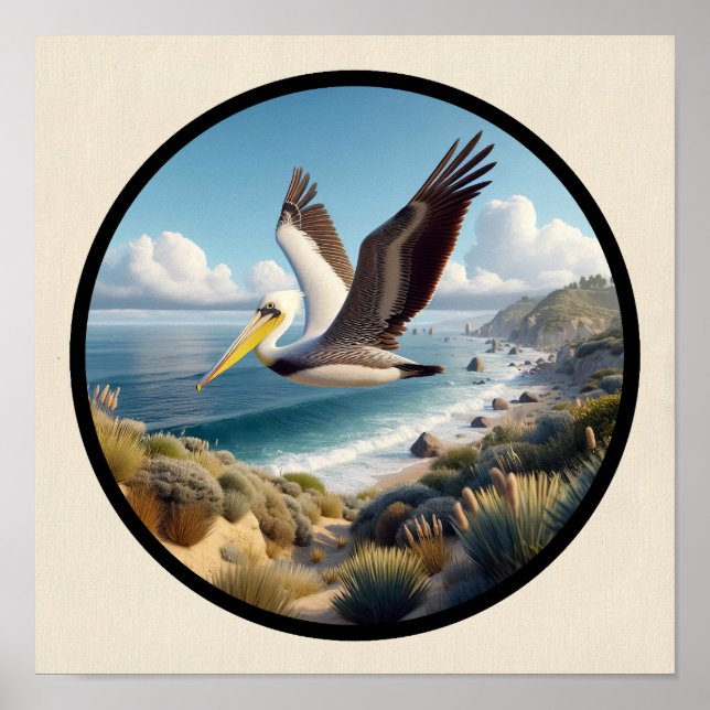 Circular 3D Image of a Beautiful Brown Pelican Poster (Front)