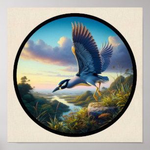 Circular 3D Image of a Yellow-crowned Night Heron Poster