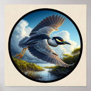 Circular 3D Image of a Yellow-crowned Night Heron Poster