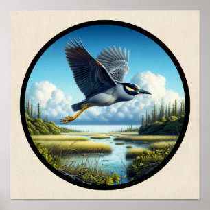 Circular 3D Image of a Yellow-crowned Night Heron Poster