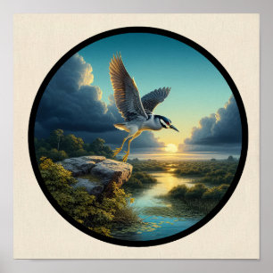 Circular 3D Image of a Yellow-crowned Night Heron Poster