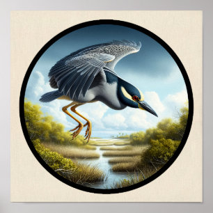 Circular 3D Image of a Yellow-crowned Night Heron Poster