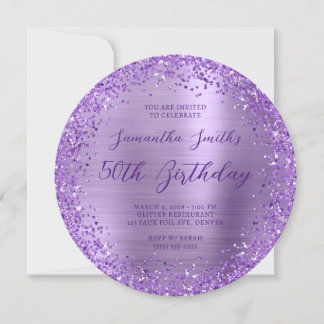 Circular Glittery Purple Foil 50th Birthday Invitation