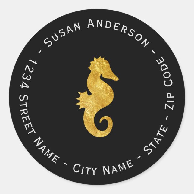 Circular Gold Foil Seahorse Return Address Label (Front)