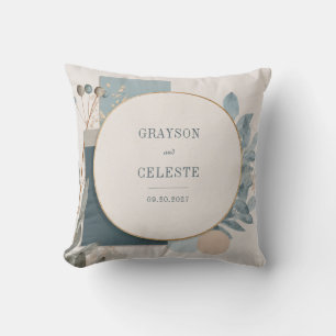 Circular Gold Frame Dusty Blue Botanical Abstract Cushion