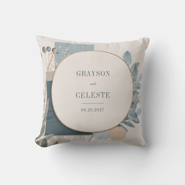 Circular Gold Frame Dusty Blue Botanical Abstract Cushion (Front)