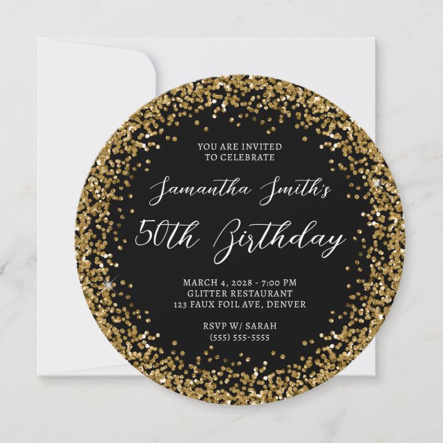 Circular Gold Glitter Black 50th Birthday Invitation (Front)
