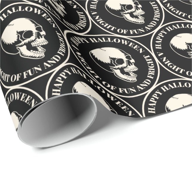 Circular Halloween Laughing Skull Pattern Black Wrapping Paper (Roll Corner)