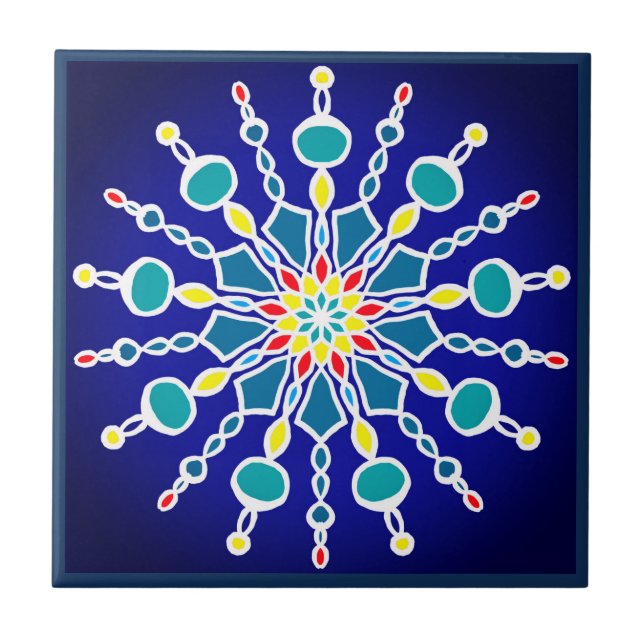Circular Mandala Turquoise, Lemon, Red, Navy Blue Tile (Front)