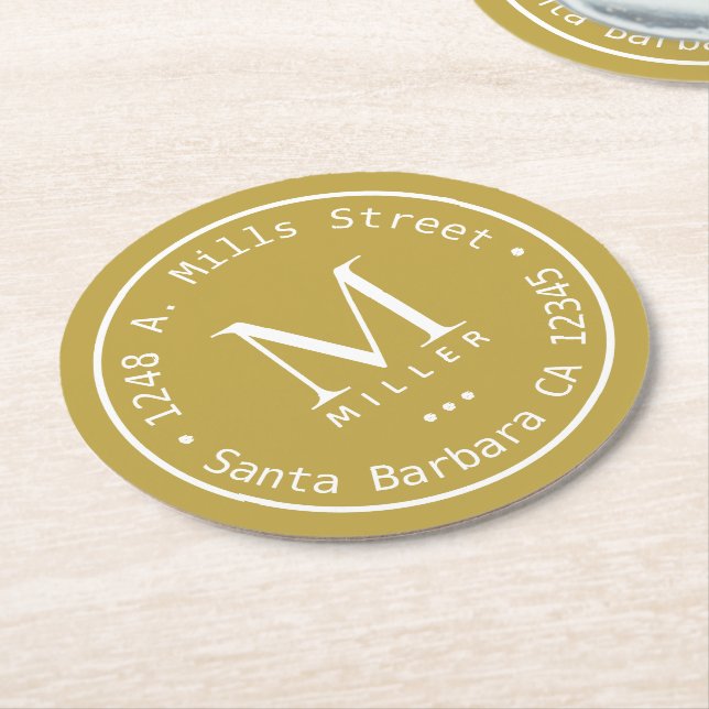 Circular Monogram and Address ochre yellow Round Paper Coaster (Angled)