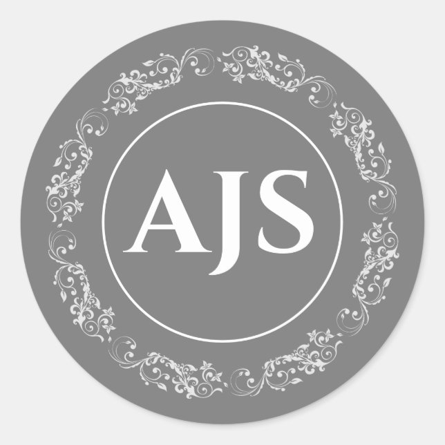 Circular monogram design in grey and white. classic round sticker (Front)