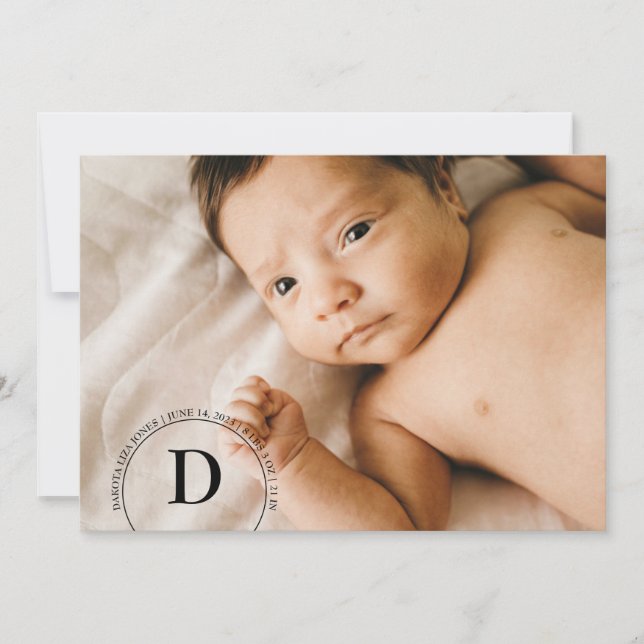 Circular Monogram Photo Birth Announcement Card (Front)