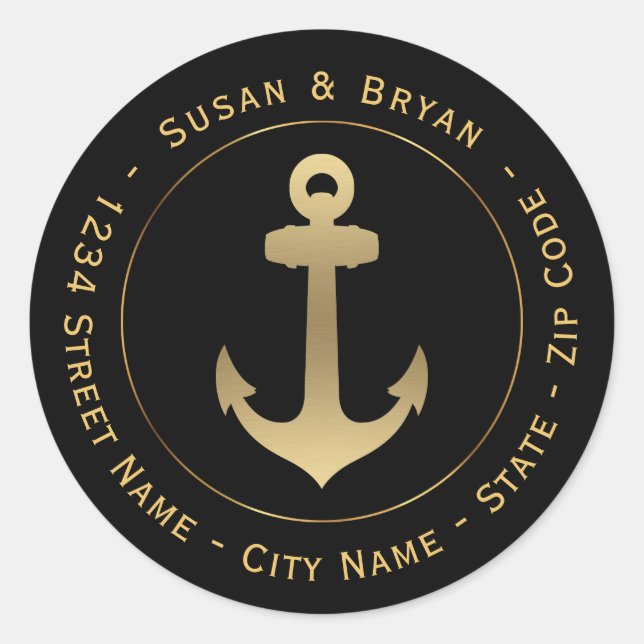 Circular Nautical Gold Anchor Return Address Label (Front)