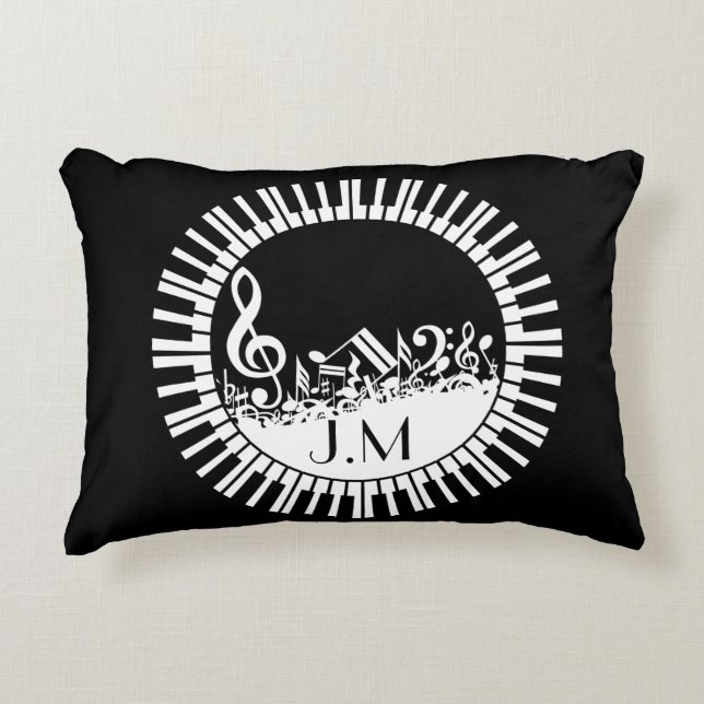 Circular Piano Keys and Jumbled Music Notes Decorative Cushion (Front)