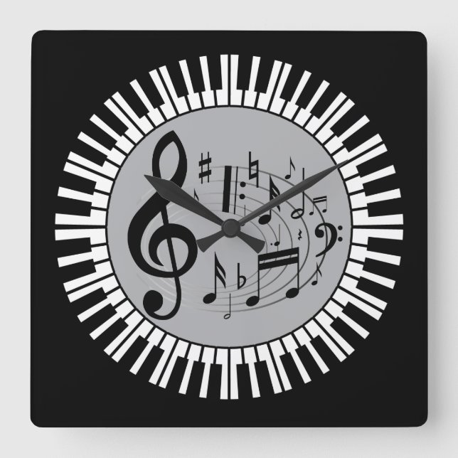 Circular Piano Keys And Music Notes Square Wall Clock (Front)