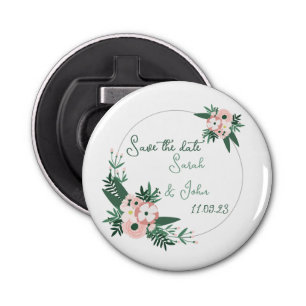 Circular pink, grey, teal flower save the date bottle opener