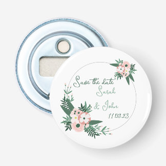 Circular pink, grey, teal flower save the date bottle opener