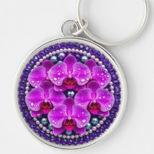 Circular Purple Orchid Floral Arrangement Key Ring