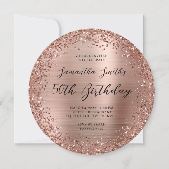 Circular Rose Gold Glitter Foil 50th Birthday Invitation (Front)
