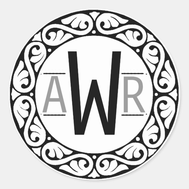 Circular Scrollwork Frame Initials B&W Classic Round Sticker (Front)