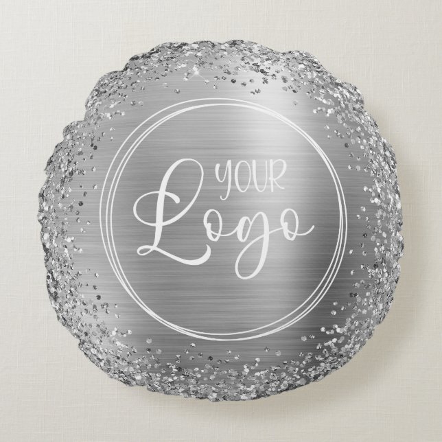 Circular Silver Glitter and Foil Logo Round Cushion (Front)