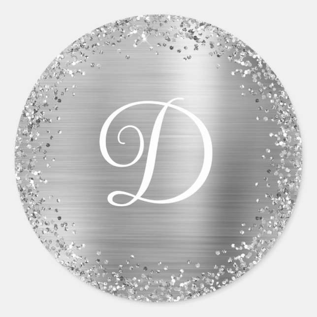 Circular Silver Glitter and Foil Monogram Classic Round Sticker (Front)