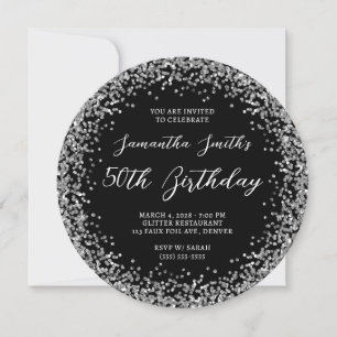 Circular Silver Glitter Black 50th Birthday Invitation