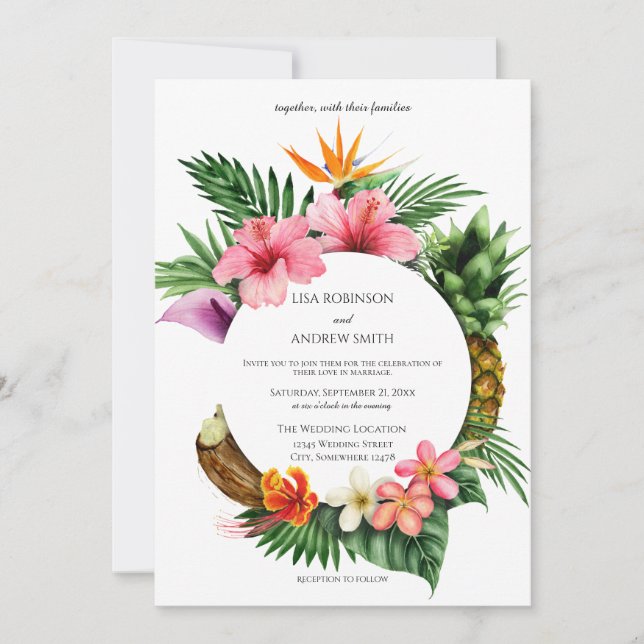 Circular Tropical Hawaiian Floral CoconutW Wedding Invitation (Front)