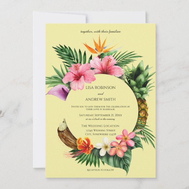 Circular Tropical Hawaiian Floral Wedding- Yellow Invitation (Front)