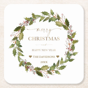 Circular Winter Berries Green Foliage Christmas   Square Paper Coaster