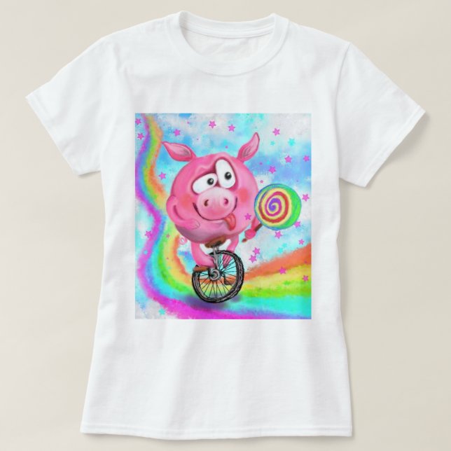 Circus Acrobat Piggy Cyclist with Lollipop T-Shirt (Design Front)
