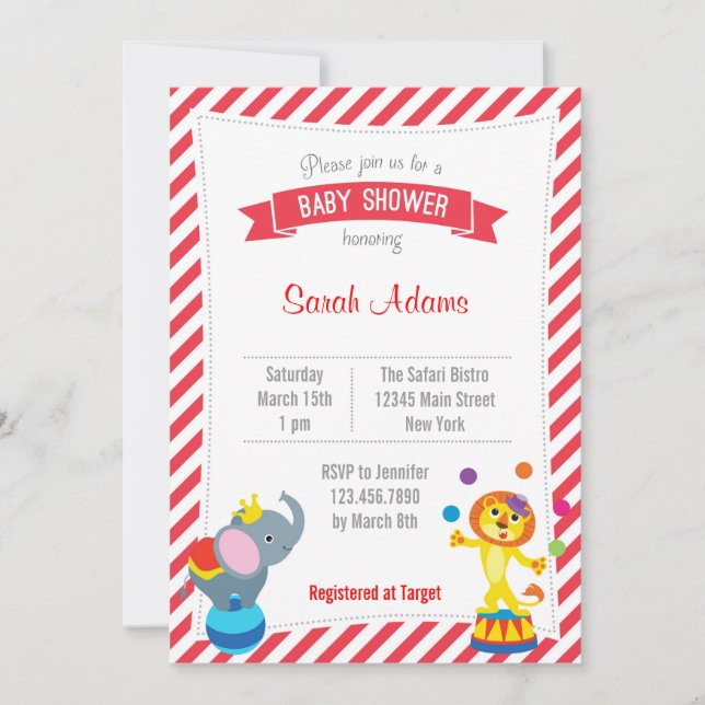 Circus Animal Baby Shower Invitation Red (Front)