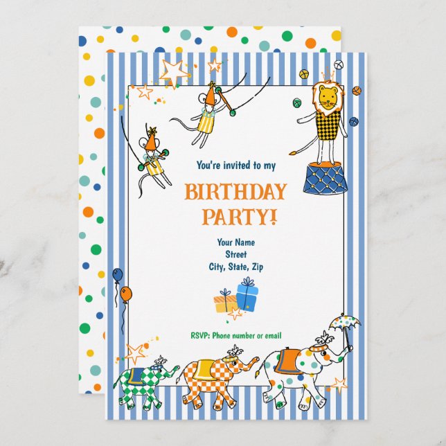 Circus Animals Birthday Invitations (Front/Back)