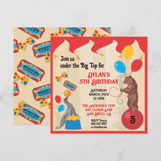 Circus Animals Birthday Party Invitation Card (Front/Back)