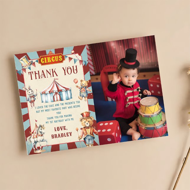 Circus Animals Carnival Birthday Photo Thank You Card (Creator Uploaded)