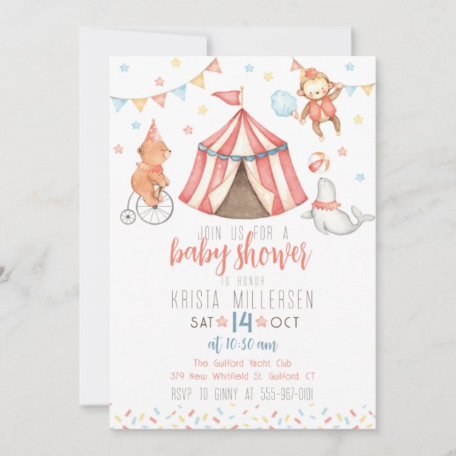 Circus Animals Gender Neutral Baby Shower Invite (Front)