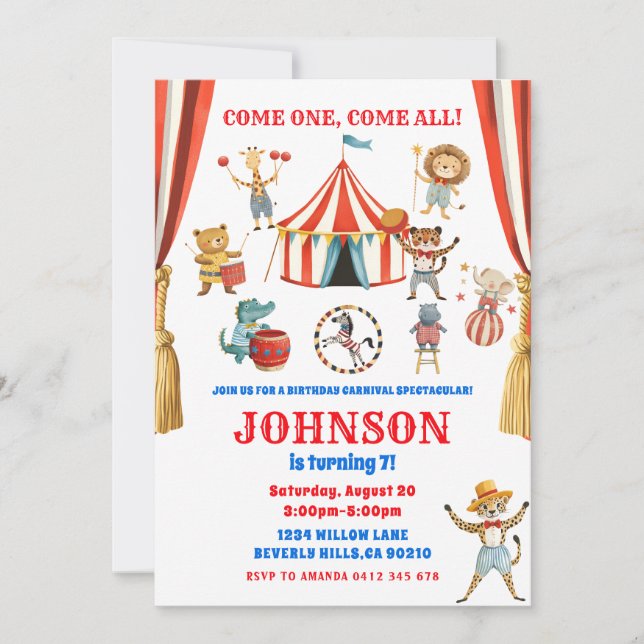 Circus Animals Kids Birthday Party Invitation (Front)