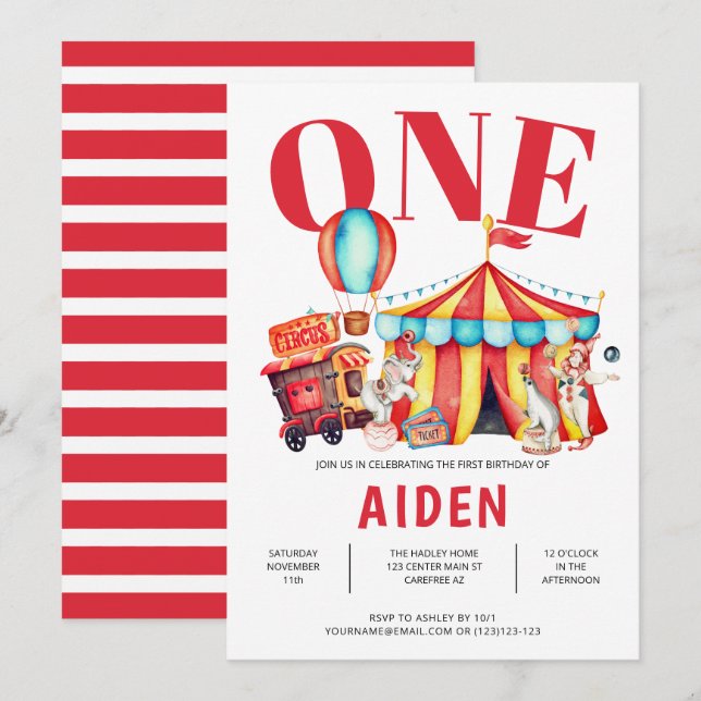 Circus Big Top 1st Birthday Invitation (Front/Back)