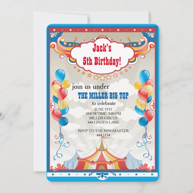 Circus Big Top Carnival Birthday Party Invitations (Front)